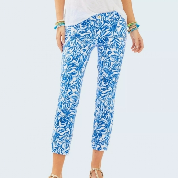 Lilly Pulitzer Sadie Stretch Crop Chino Pants Resort White Blue On A Roll - Picture 3 of 10